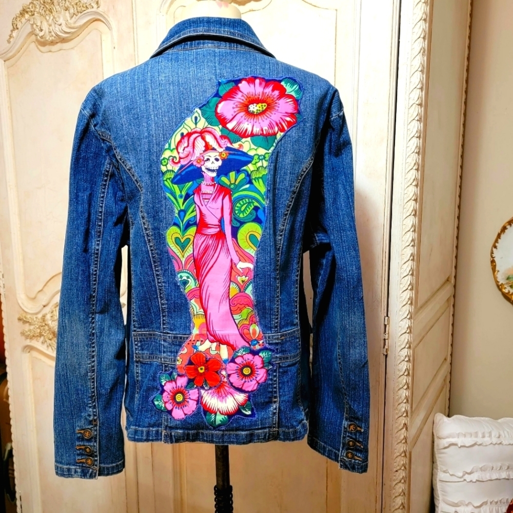 Las 3 Catrinas Frida Kahlo Inspired Upcycled denim Jacket Day of the dead